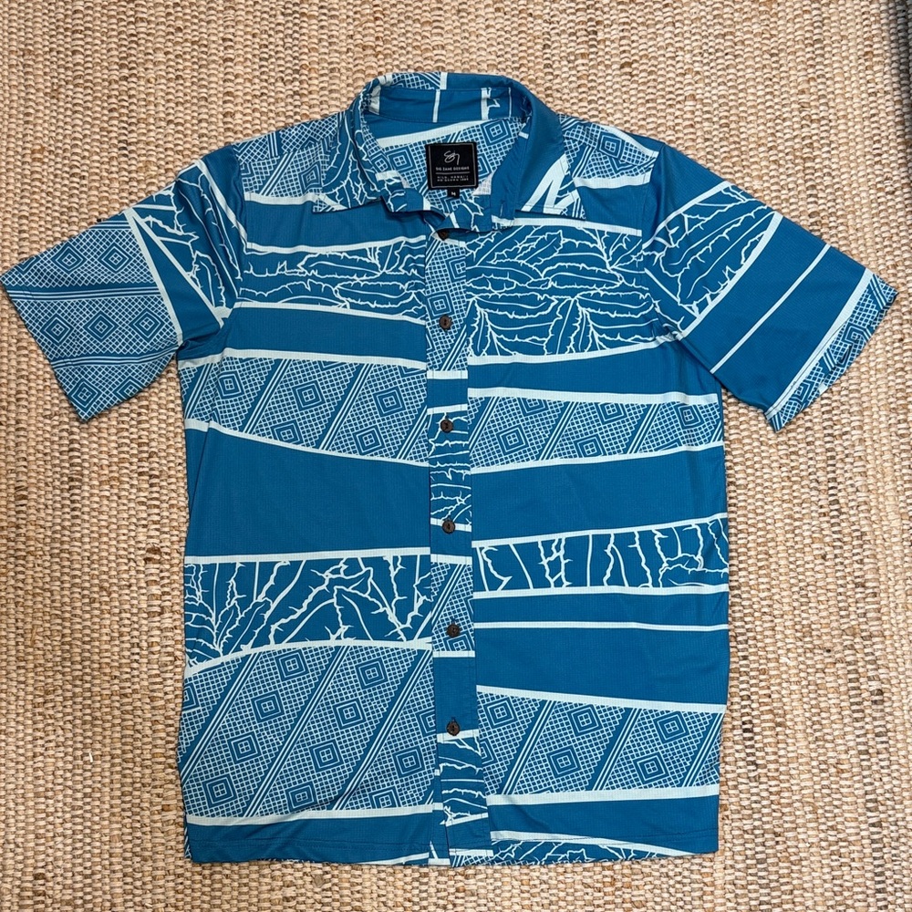 Sig Zane Ka Ulu Wehi O Ke Kai Teal and White Patterned Men's Shirt